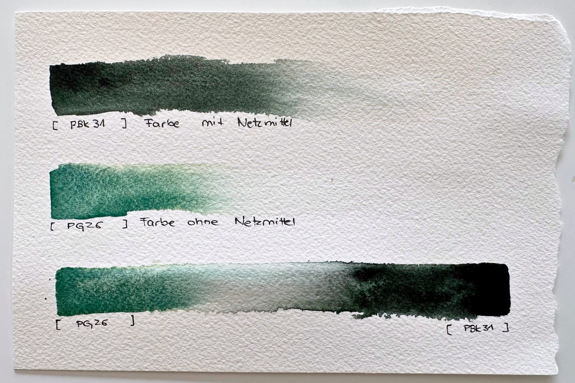 Comparison of two green tones with and without a wetting agent on damp paper