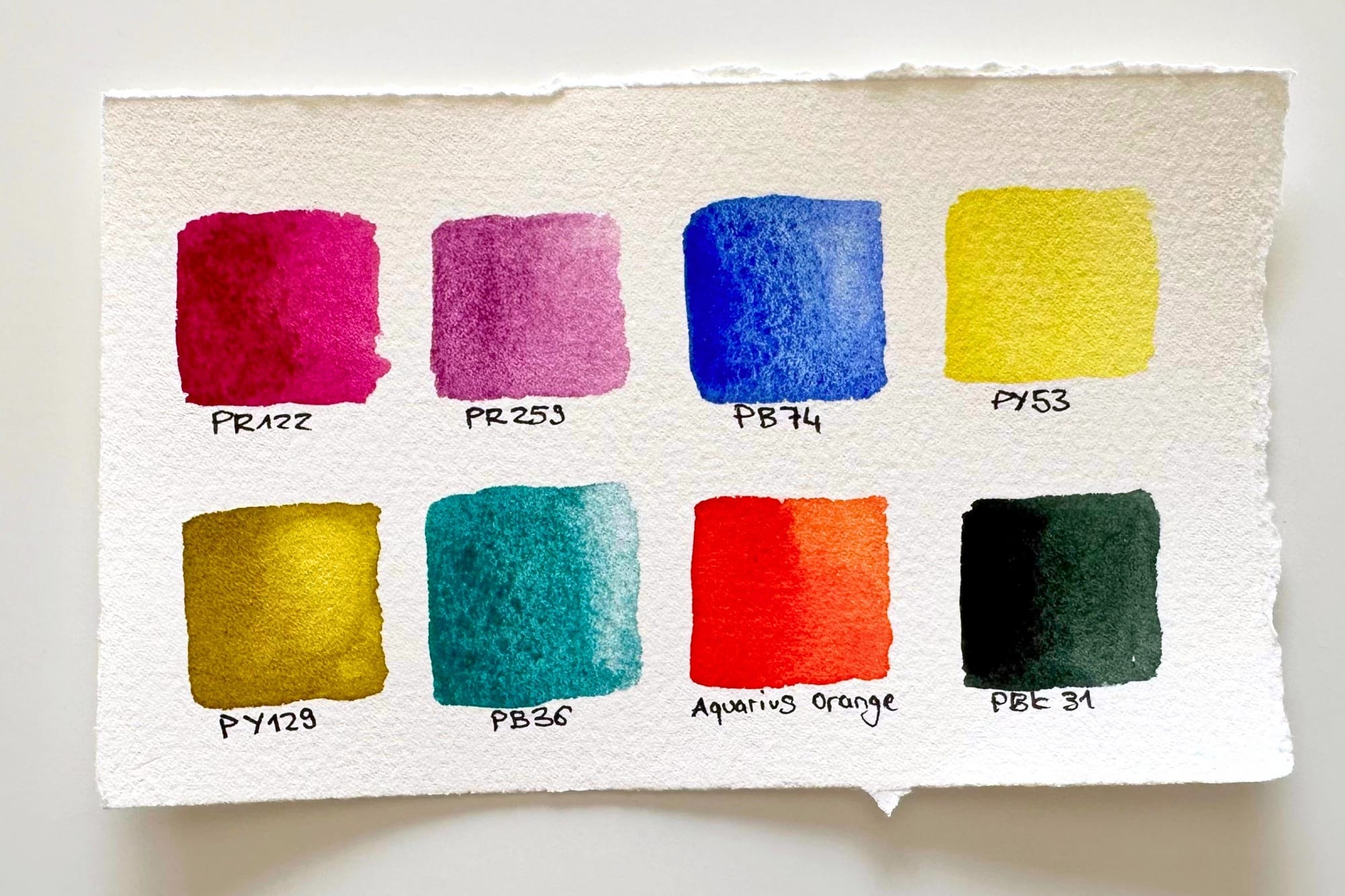 Eight individual pigment swatches labeled with their color index names