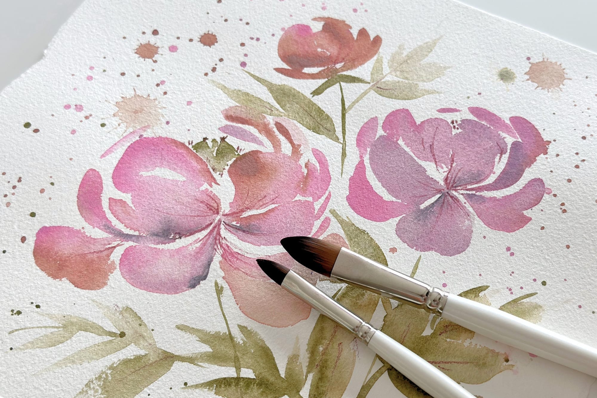 Loosely painted peony watercolor with two round brushes