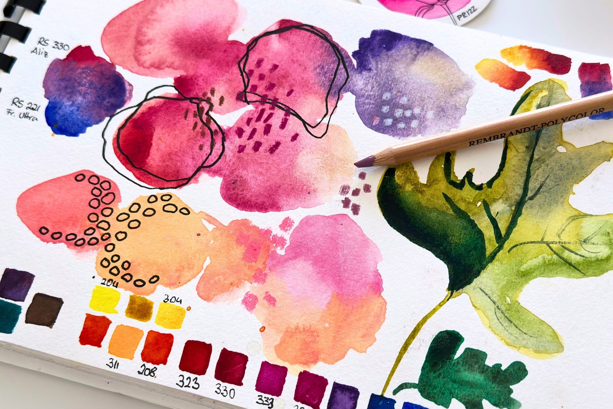 A sketchbook page with abstract watercolor shapes and fineliner details