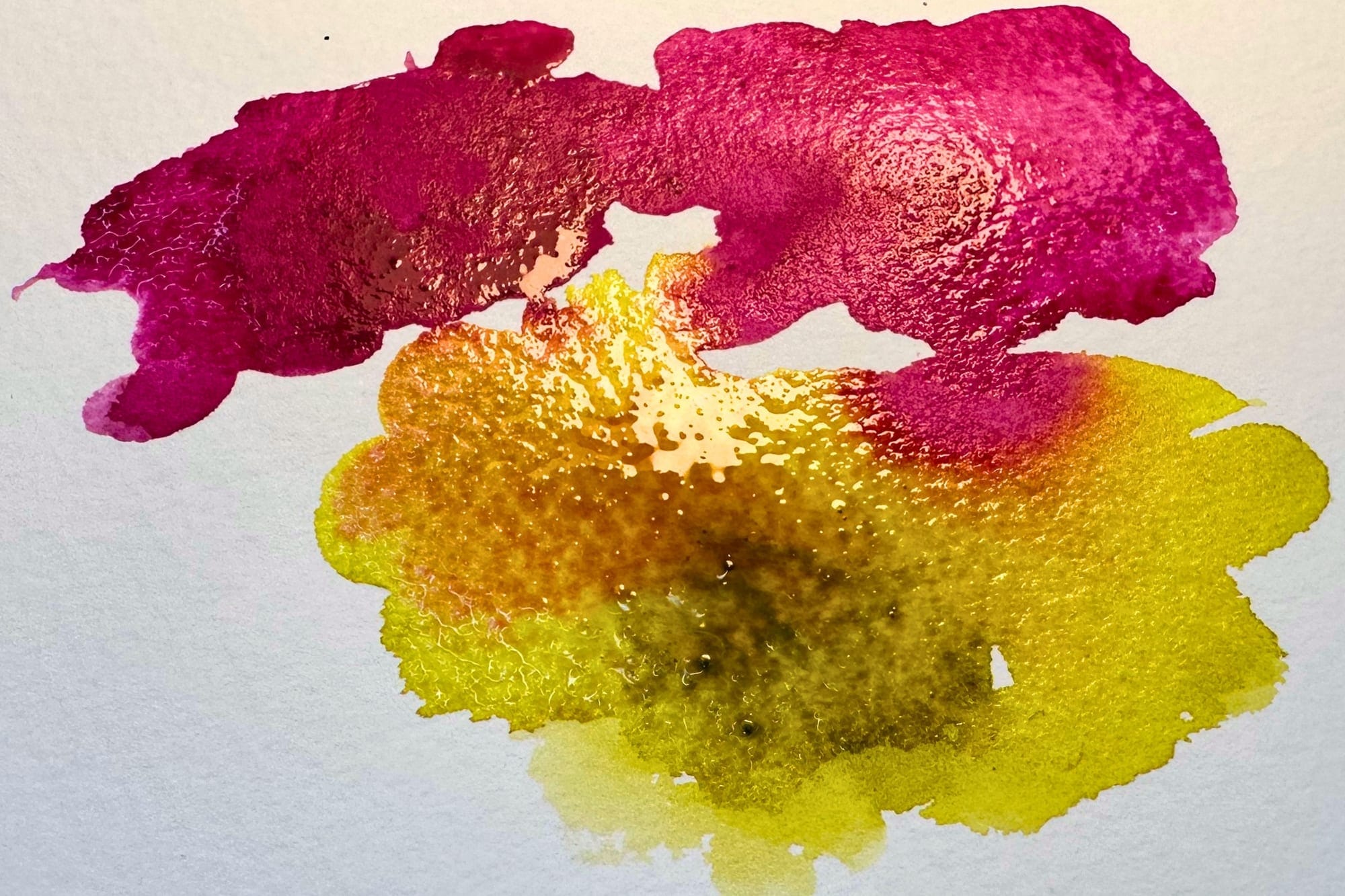 Close-up of two watercolors flowing into one another wet in wet