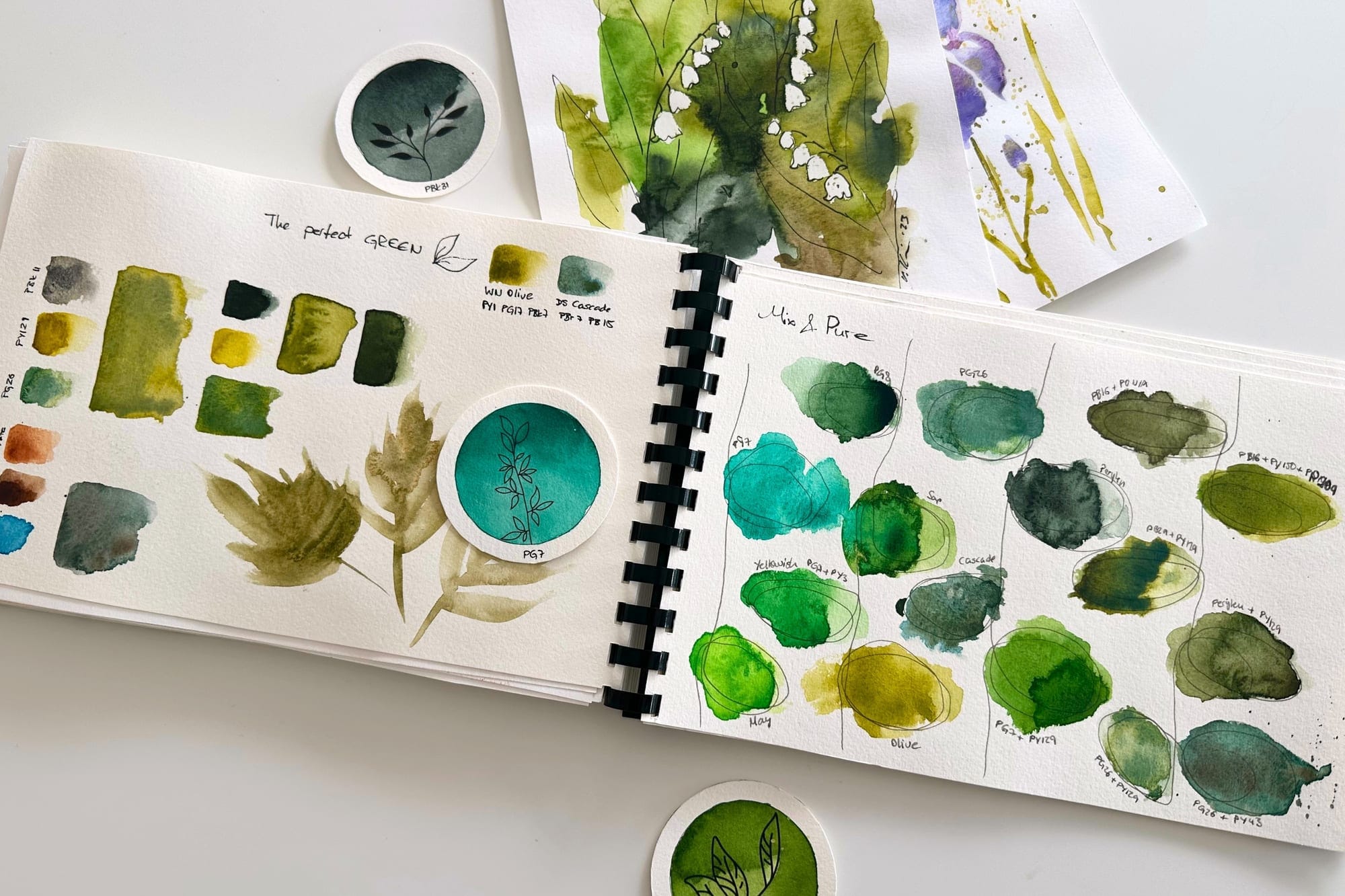 A sketchbook page of green mixes in the search for the perfect green