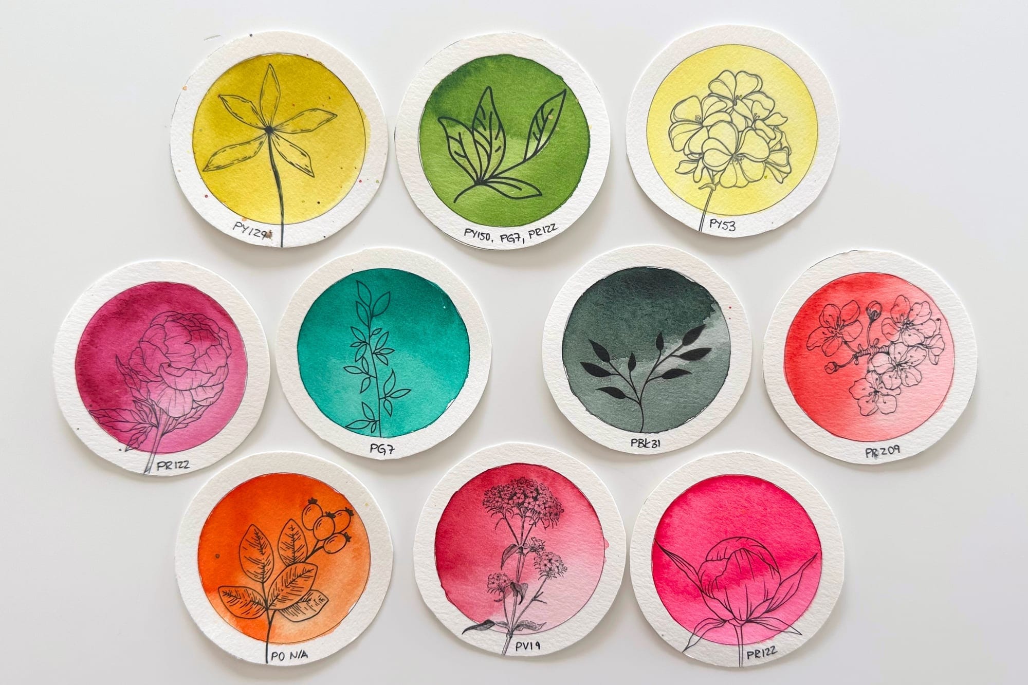 Swatch card of the ten most-used colors, each labeled with its pigment