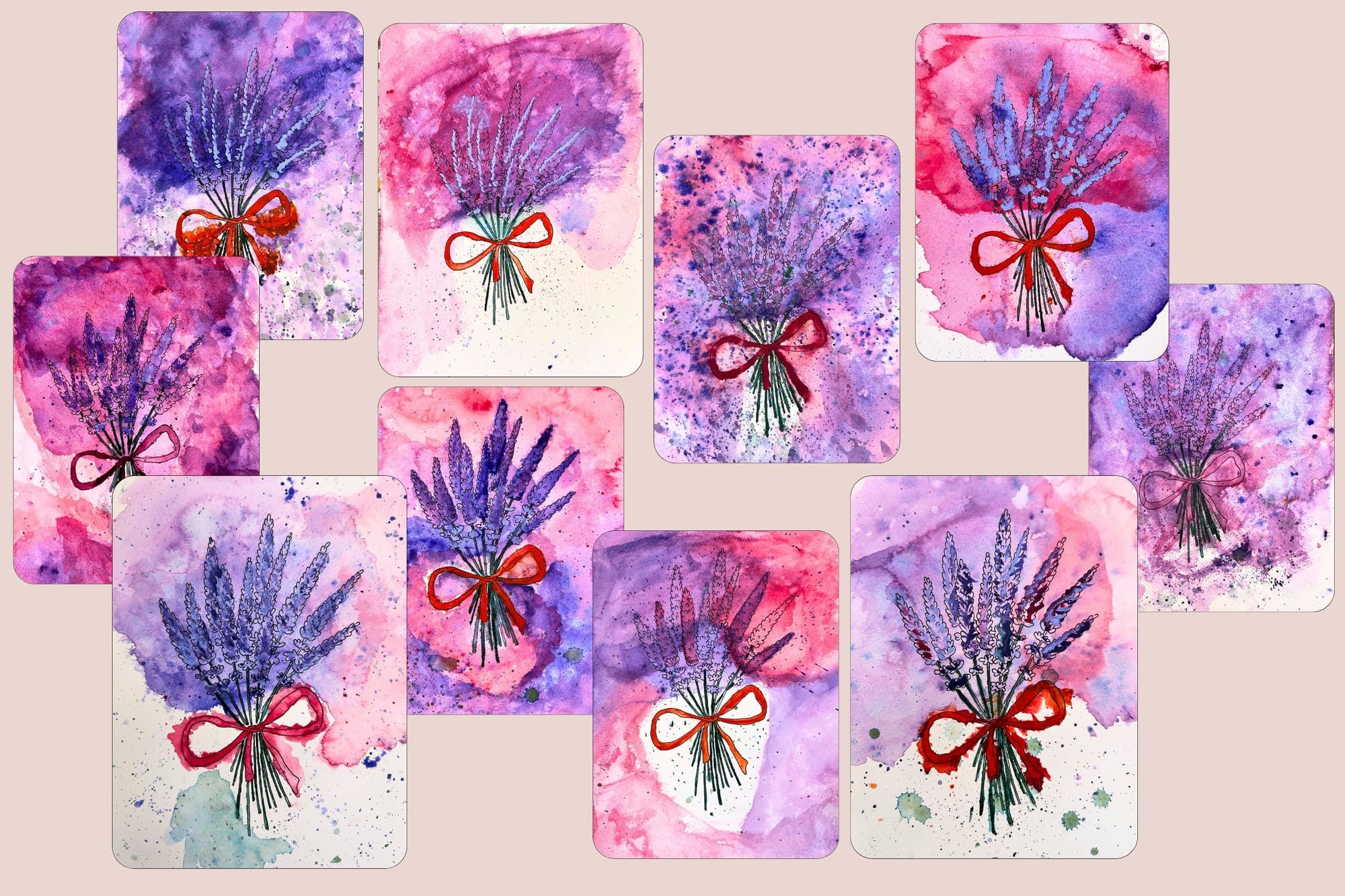 Ten lavender watercolors from the same template – each one looks different