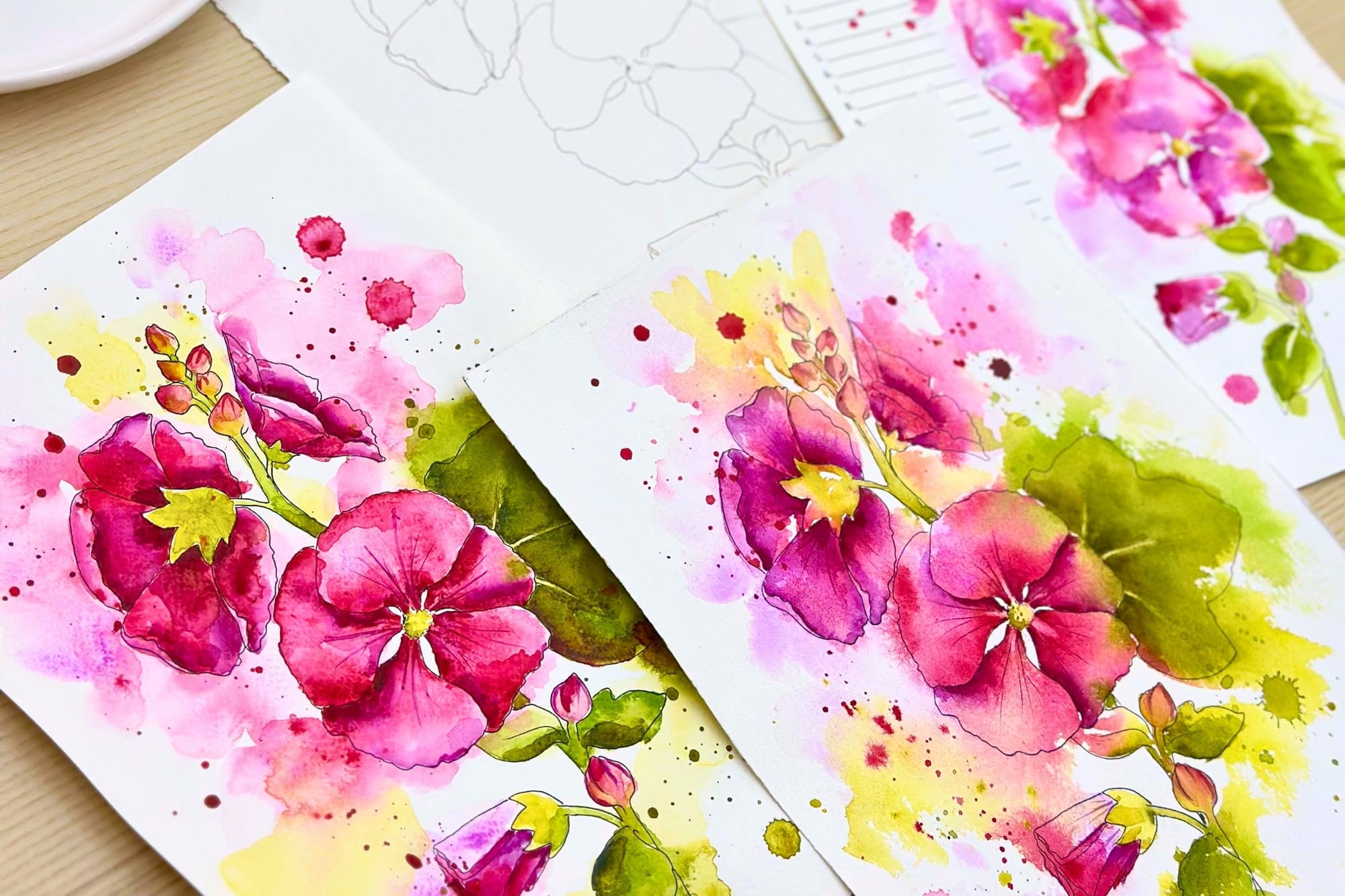 Watercolors of hollyhocks in pink and green, next to the pencil sketch