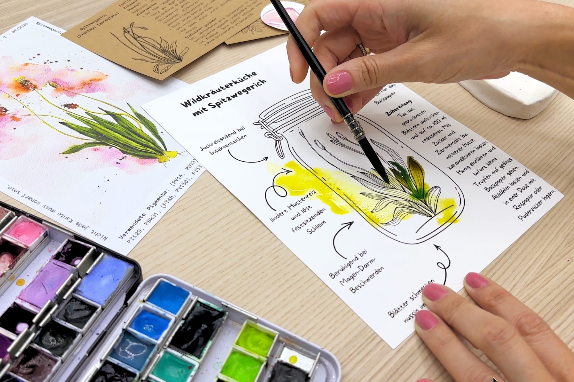 My hand coloring the printed ribwort plantain on the recipe sheet