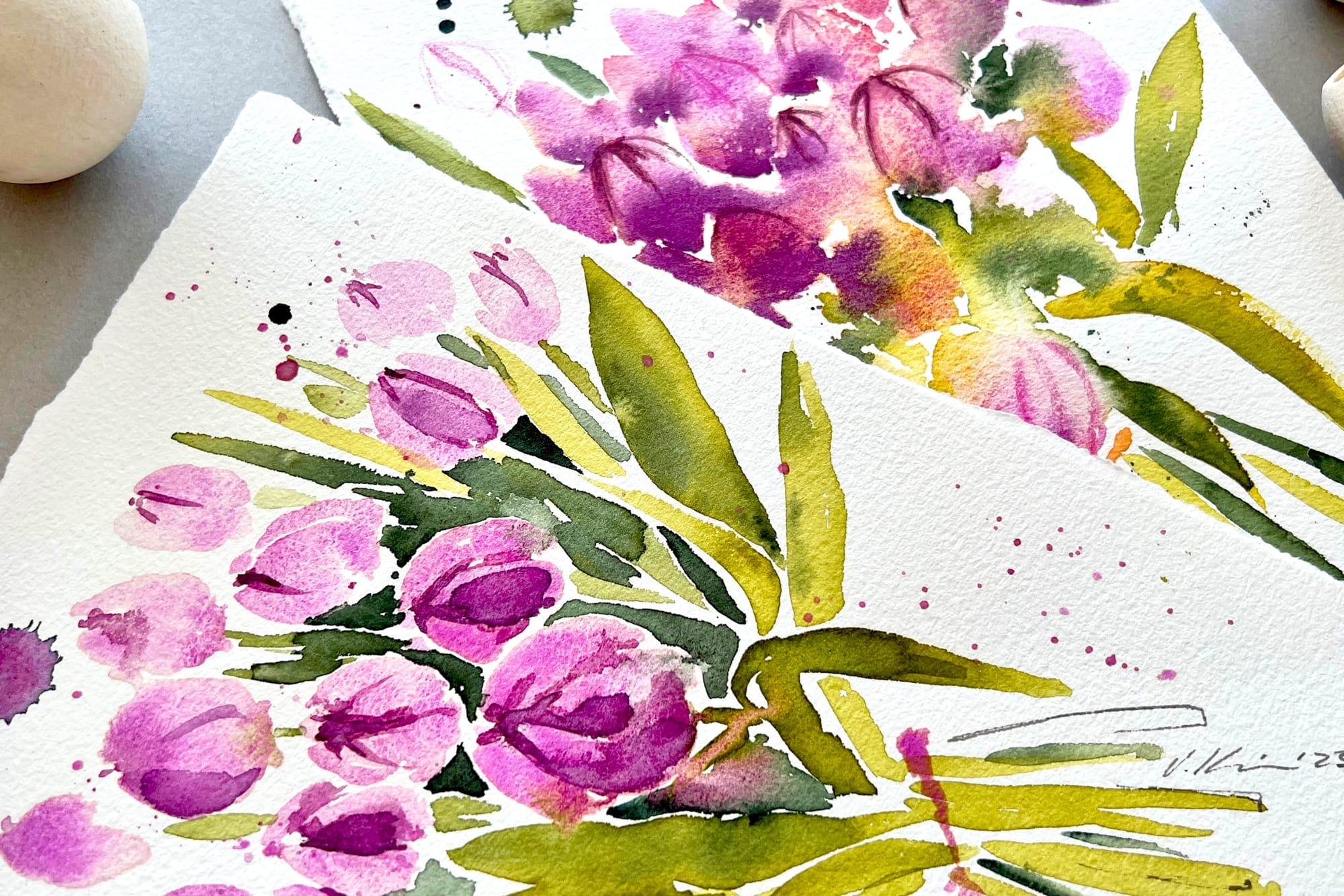 A loose watercolor of a foxglove in pink and green with fine fineliner accents
