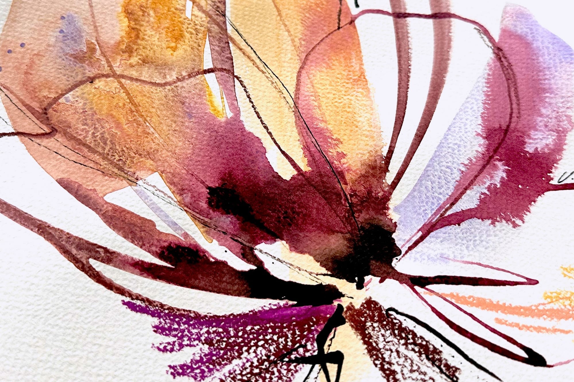A watercolor bloom where the paint deliberately flows out past the black fineliner line