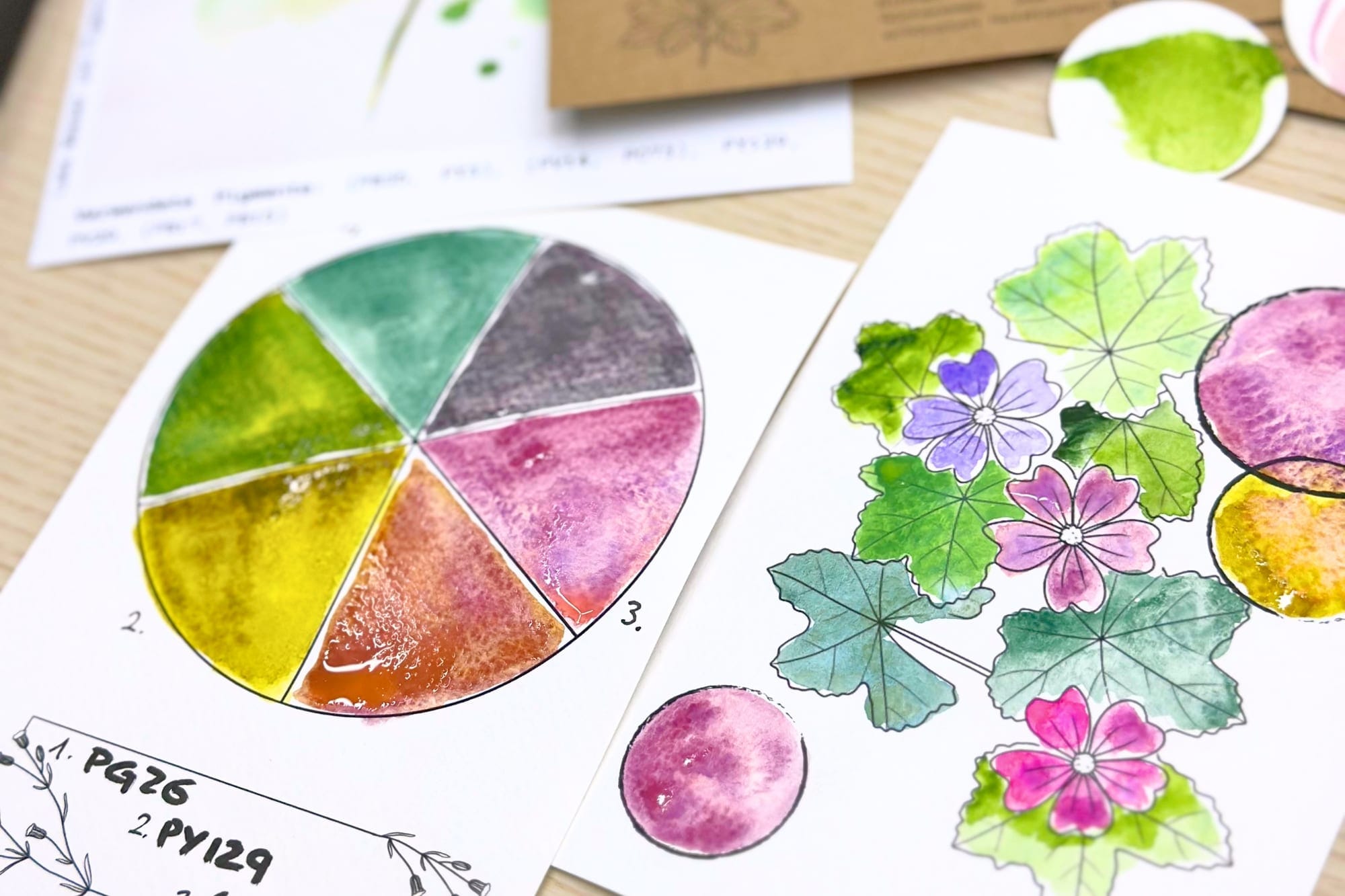 Close-up of the color wheel and the swatch motif with cranesbill flowers
